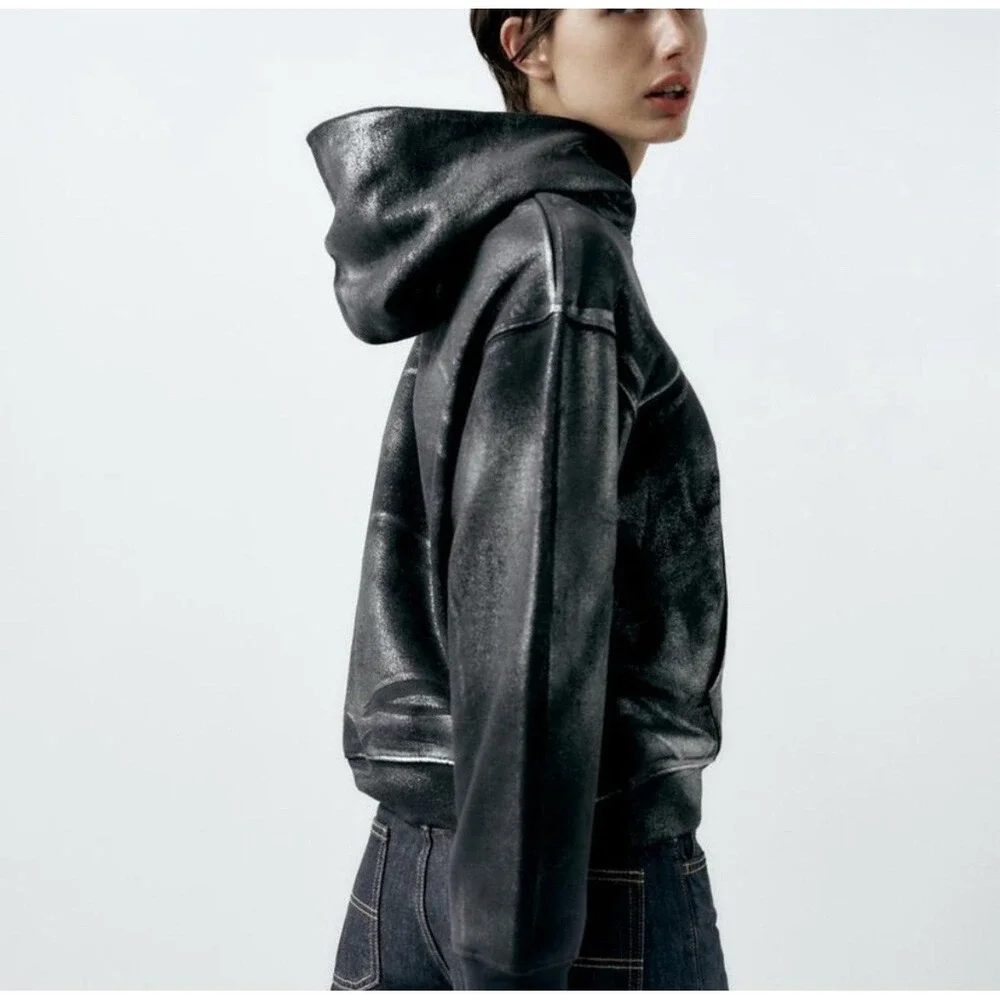 ZARA Womens Girls Metallic Silver Punk Gothic Rock Hoodie‎ Sweatshirt Size S - Picture 5 of 15